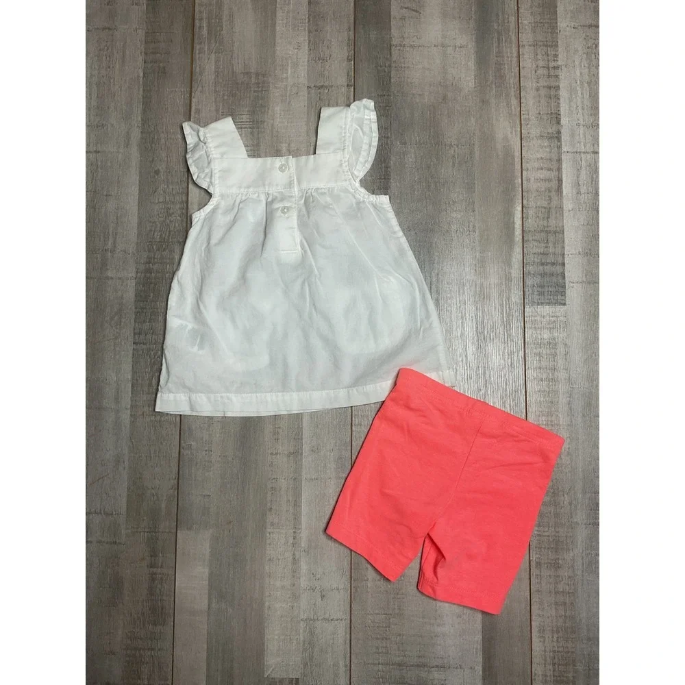 Carters Baby Girl 12M White Embroidered Flutter Tunic and Coral Shorts Set